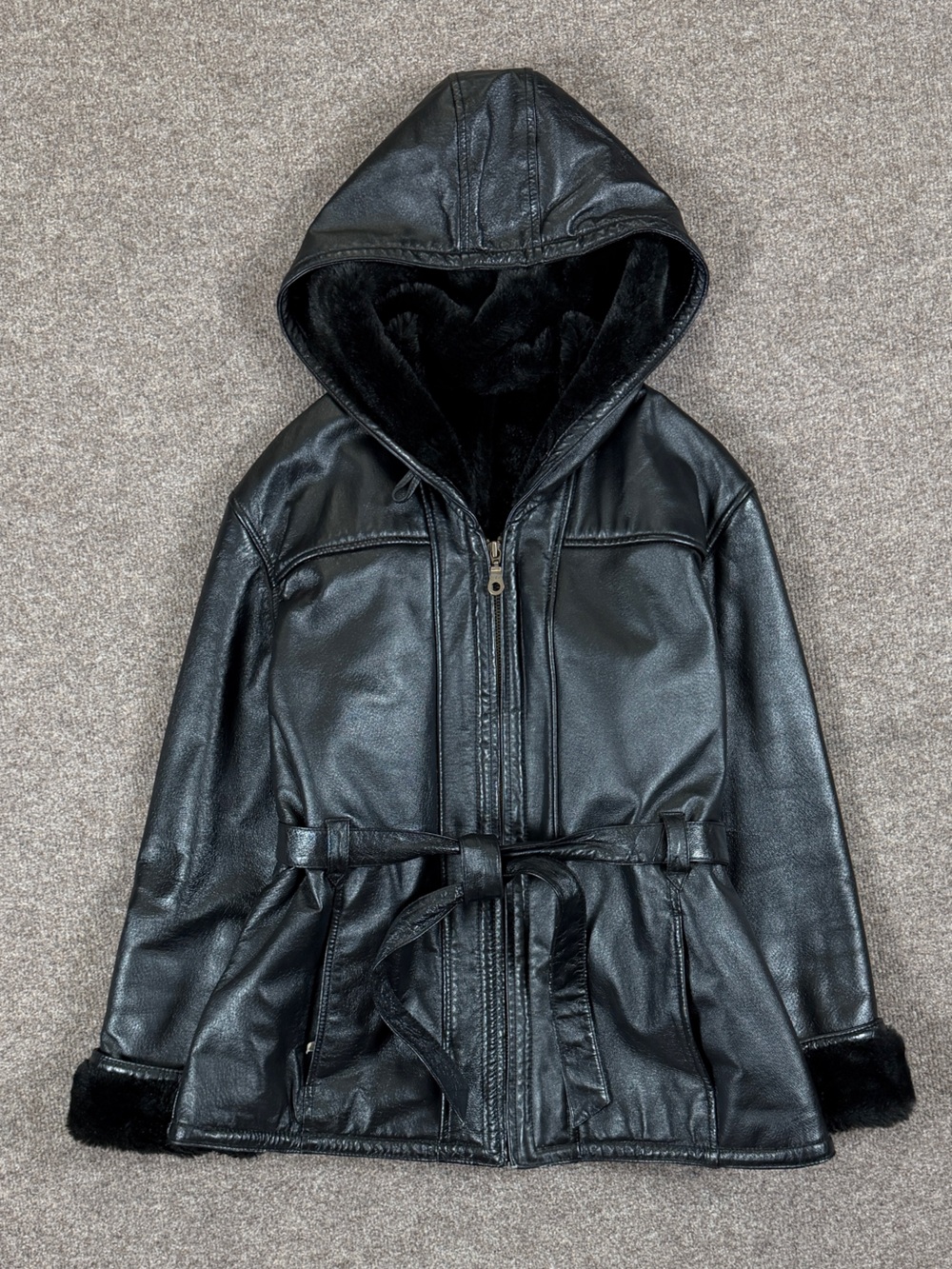 Vintage Wilsons Black Leather Hooded Belted Zip Jacket Women’s L Fur Lined 90s - Picture 1 of 8